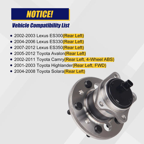 Rear Left Wheel Bearing And Hub Assembly 512206 For Lexus ES300 ES330 ES350, Toyota Avalon Camry Highlander Solara With 5 Lug Bolts And ABS