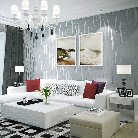 Living room with Peel And Stick Wallpaper Roll 20.8 Inches Wide By 393 Inches Long Per Roll Non Woven 3D Embossed Stripe In Silver Grey