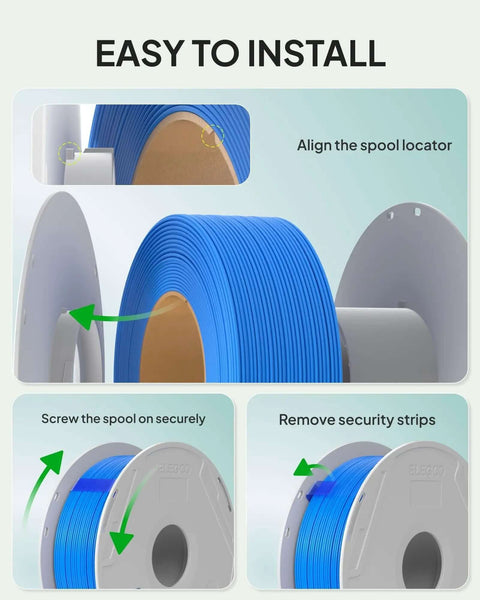Installation guide showing steps for using PLA Basic Refill Filament 1.75mm Black 1kg for Reusable Spools and Most 3D Printers.