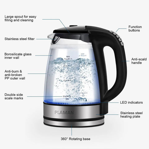 Side view of Electric Kettle With Temperature Control, 6 Presets For Tea, Coffee And Herbal, Fast Boil 1.7L, BPA Free, borosilicate glass
