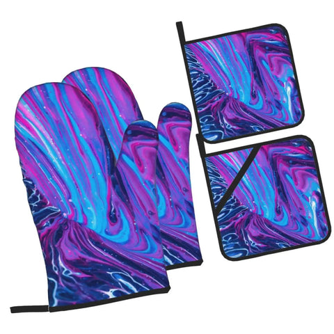 Hot Mess? No Way. These Abstract Fluid Oven Mitts And Pot Holders Bring The Heat With Super Cool 500 Degree Protection! Set of two mitts and two pot holders.