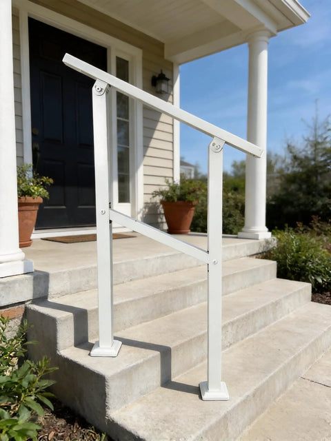 Rock Solid Galvanized Steel Stair Railing With Adjustable Outdoor Handrail Designed For One Or Two Steps Featuring Corrosion Resistant Finish And Quick Install For Front Porches on two concrete steps.