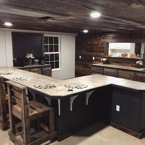 Ranchworn Aging Wood Stain Quick Turnaround Formula Dries In Half Hour used on rustic kitchen cabinetry and bar.