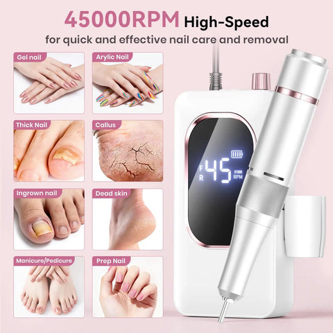 Pro Grade Electric Nail Drill 45000 RPM Cordless Nail File For Acrylic And Gel Nails Rechargeable Salon Quality Display