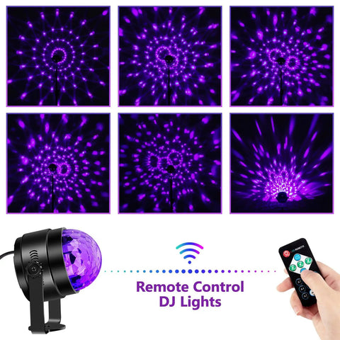 UV Black Light Lit Glow Party Kit 3 Pack With Remote Sound Activated LED Disco Ball Lights, 7 Modes shown with remote control