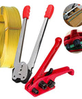 Top Shelf Heavy Duty Manual Strapping Tool For Plastic Strap Crushes Heavy Lifting Tasks Without A Sweat Built In Tensioner Sealer And Cutter For Half To Three Quarter Inch Bands with yellow strap and red tool.