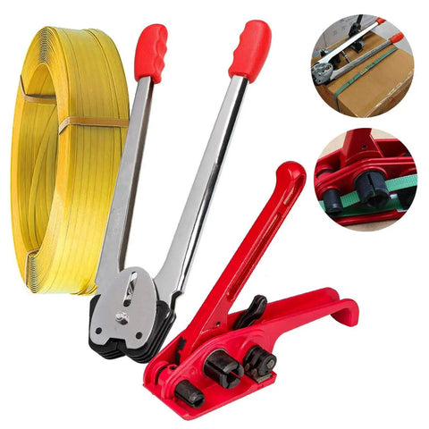 Top Shelf Heavy Duty Manual Strapping Tool For Plastic Strap Crushes Heavy Lifting Tasks Without A Sweat Built In Tensioner Sealer And Cutter For Half To Three Quarter Inch Bands with yellow strap and red tool.