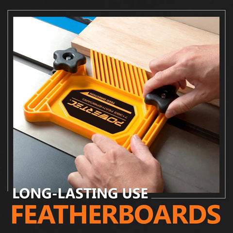 Hands using Table Saw Safety Kit with Feather Board L Shaped Push Stick and Push Blocks 3 Piece Woodworking Safety Set