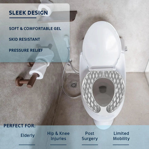 Gel Toilet Seat Cushion Padded Riser for Toilets and Commode Chair Pain Relief for Seniors and Disabled, adhesive raised donut pad.