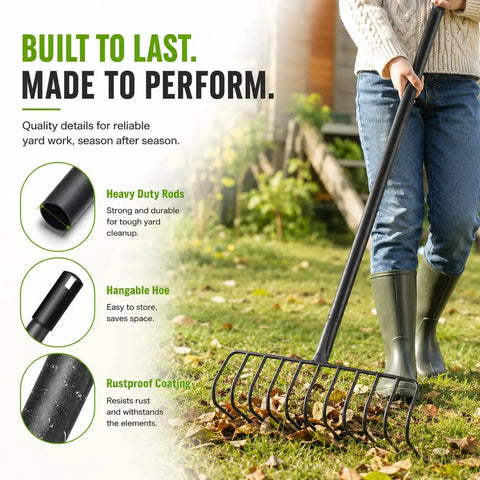 Heavy Duty Brush Rake With A 15.6 Inch Wide Head And 11 Steel L Shaped Tines, Adjustable 36 To 66 Inch Handle, used on lawn