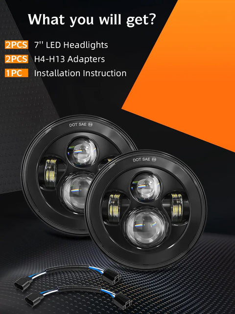 Package contents: 7 Inch LED Headlights Hi Low Beam 6000K Round Replacement for Jeep Wrangler with H4 H13 adapters