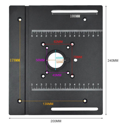 Killer Aluminum Router Table Insert Plate With Sharp Precision Scales And Ridiculously Sturdy Push Ruler Badass DIY Workbench Station Kit For Woodworkers Hustling For Top Shelf Accuracy And Flawless Cuts, 200x240mm with measurements.