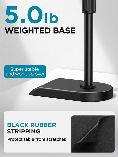 5.0 lb weighted base of Adjustable Desk Microphone Stand With Weighted Base And Soft Grip Twist Clutch Boom Arm Three Eighths Inch And Five Eighths Inch Threaded Mounts Compatible With Blue Yeti And Blue Snowball Great For Kick Drums And Guitar Amps Black with black rubber stripping