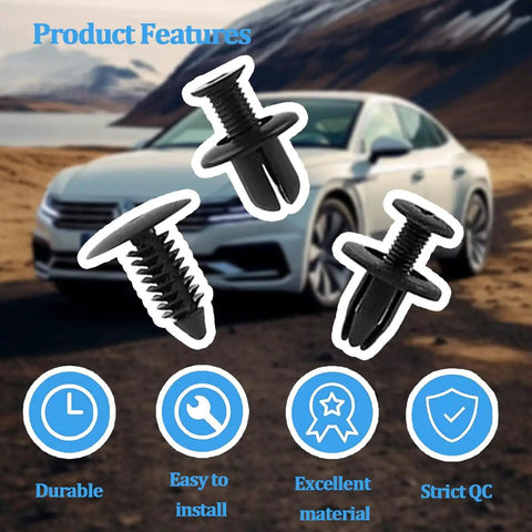 Six Type Bumper Retainer Clip Kit With Removal Tools 100 Pack Nylon Fasteners For Easy Car Body Trim Replacement Universal Fit For Front And Rear Bumpers Durable Vibration Resistant And Anti Aging black nylon bumper clips on car background