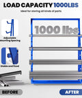 Heavy Hitter 4 Tier Lumber Rack Built Like A Tank With Reinforced Alloy Steel And Anti Rust Pipes Handles Up To 1000 Pounds showing adjustable mounting and stable design.