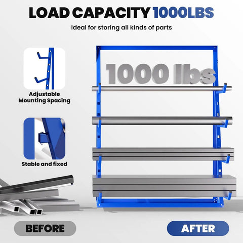 Heavy Hitter 4 Tier Lumber Rack Built Like A Tank With Reinforced Alloy Steel And Anti Rust Pipes Handles Up To 1000 Pounds showing adjustable mounting and stable design.