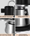 Heavy Duty Stainless Steel Moka Pot For Two With Dual Spout Stovetop Espresso Maker, showing upper tray and safety valve.