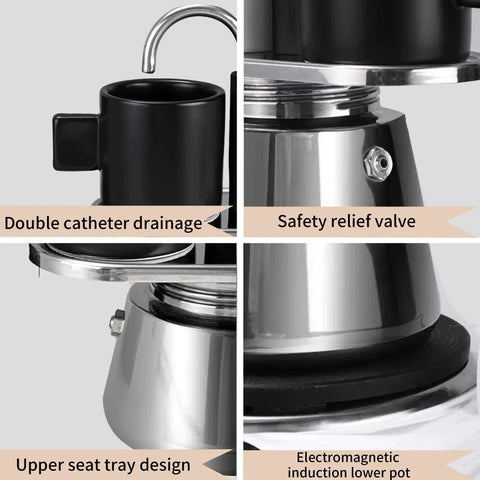 Heavy Duty Stainless Steel Moka Pot For Two With Dual Spout Stovetop Espresso Maker, showing upper tray and safety valve.