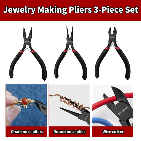 Three Piece Pro Grade Jewelry Pliers Set For DIY Crafting And Jewelry Making The Must Have Kit Includes Chain Nose Pliers, Round Nose Pliers, And Wire Cutters With Tweezers And Jump Ring Built Tough For Wire Wrapping, Repairs And Everyday Jewelry Projects showing individual tools