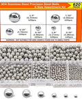 Pro Grade Stainless Steel Precision Balls Kit 620 Pieces With Six Sizes For Bicycle Bearings And Machinery One Quarter Inch Seven Thirty Second Inch Three Sixteenth Inch Five Thirty Second Inch One Eighth Inch Three Thirty Second Inch Durable Rust. 304 stainless steel assortment in labeled organizer