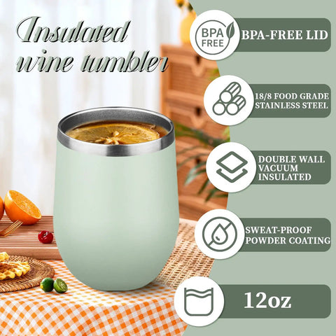 12oz Double Wall Vacuum Insulated Stemless Wine Tumbler With Straw And Lid Stainless Steel Cup, mint color with drink, perfect for outdoor use.
