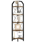 Space Saving Five Tier Corner Shelf With Industrial Edge Tall 59.4 Inch Plant Display Stand And Bookcase In Rustic Brown And Black Finish