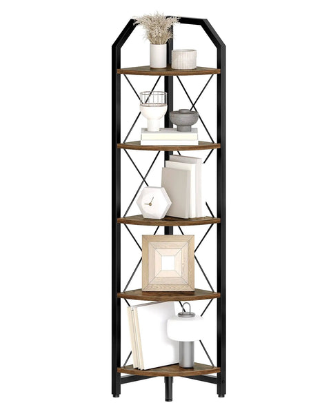 Space Saving Five Tier Corner Shelf With Industrial Edge Tall 59.4 Inch Plant Display Stand And Bookcase In Rustic Brown And Black Finish