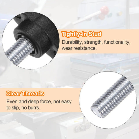 Close-up of tightly-in stud and clear threads on Straight Up Four Pack Tee Wing Knobs With M10 Thumb Screws.