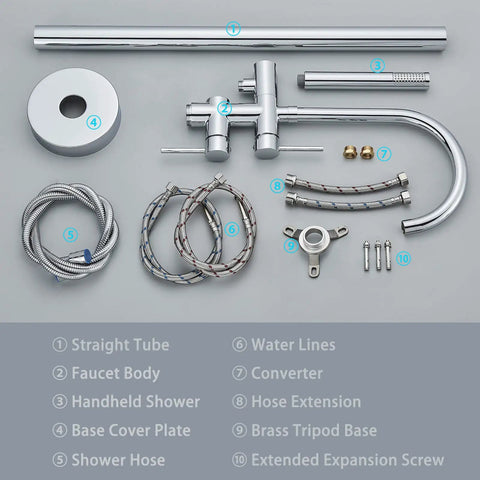 Modern Freestanding Bathtub Faucet Set With Floor Mounted Clawfoot Tub Mixer And Hand Sprayer Chrome Finish components shown