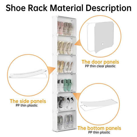 Image of 6 Tier Slim Shoe Storage Rack For Small Spaces Space Saver Narrow Shoes Organizer Hidden Closet Shelf Behind Door Entryway White Tall Wall Mount displaying its clear and thin plastic construction materials.