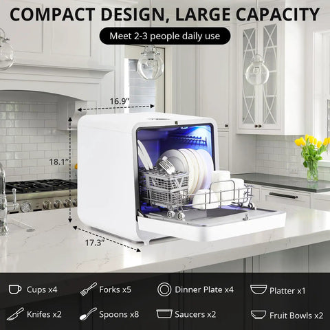 Portable Countertop Dishwasher With Six Wash Cycles Triple D Spray Arms And High Temp Drying in a modern kitchen setting.