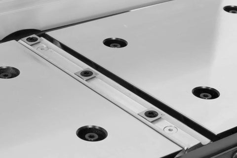 Close-up of Heavy Duty 10 Amp 8 Inch Spiral Benchtop Jointer with extendable table and blade adjustment screws.