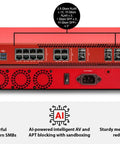 Top Shelf M595 Rackmount Firewall With Big Time Defense Capabilities Dense Multi Gig Ethernet Connectivity Full Advanced Routing And Policy Management For Rock Solid Enterprise Security Setup, back view showing ports and design.