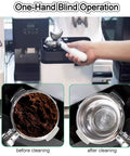 Automatic Espresso Knock Box With Quick Portafilter Cleaner Fits 58mm Handles; one-hand operation showing cleaned and uncleaned portafilter.