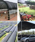 Heavy Duty Sun Shade Cloth 10x24 Foot Mesh Tarp With Grommets For Garden Greenhouse Patio Pergola And Chicken Coop 80 To 90 Percent Shade Cloth Cover For Outdoor Plants And Backyard Spaces shown installed over different outdoor areas.