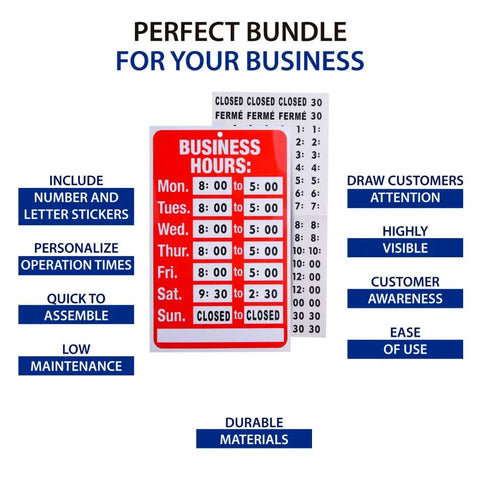 Open Sign Bundle With Business Hours Clock displayed with stickers, showing hours from Monday to Sunday, in red and white.