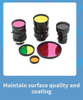 Camera lens filters set (6 pieces) in assorted colors including pink, yellow, green, and orange with metal frames