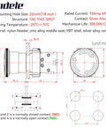 Diagram of 22mm Red Mushroom Emergency Stop Button Switch IP65 Waterproof SPDT With 1NO 1NC Contacts 10A 600V specifications