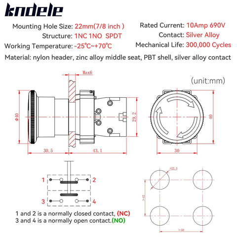 Diagram of 22mm Red Mushroom Emergency Stop Button Switch IP65 Waterproof SPDT With 1NO 1NC Contacts 10A 600V specifications