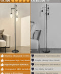 Comparison of industrial dimmable floor lamp with three light tree and metal cage shades next to traditional non-dimmable model.