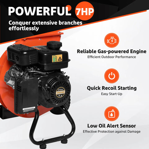 3 In 1 Wood Chipper Shredder Mulcher For Yard Cleanup Gas Powered 7 HP 212cc engine with features like recoil starting and oil sensor