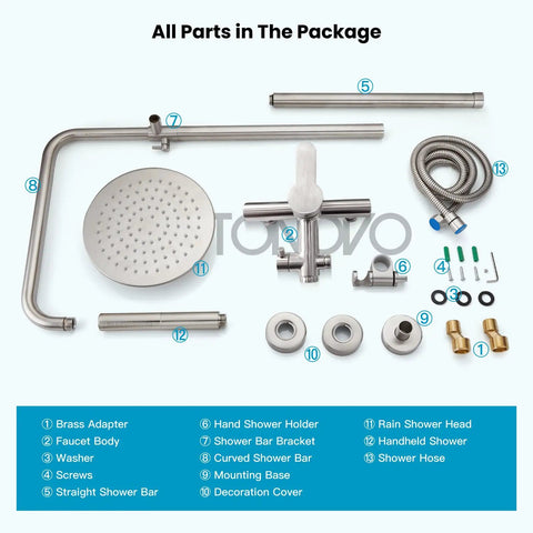 Outdoor Shower Faucet Set In Brushed Nickel, 304 Stainless Steel Shower Head With 2-In-1 Cylinder Handheld Spray, parts displayed