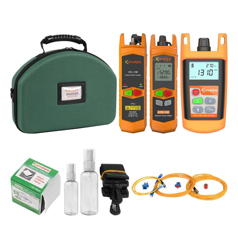 Komshine KLT-12E FTTH loss tester kit with KPM-11 optical power meter, OLS and VFL, orange tools in green case
