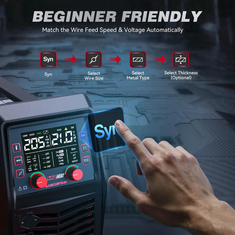 Display and controls of Six In One MIG Welder 205A 120V 240V With APP Control For Home DIYers And Shop Projects Gas MIG Gasless MIG MMA Stick