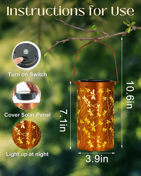 Dragonfly Solar Lantern Outdoor Decor For Patio And Garden, Waterproof Metal Hanging Light With LED Warm Glow, hanging on tree