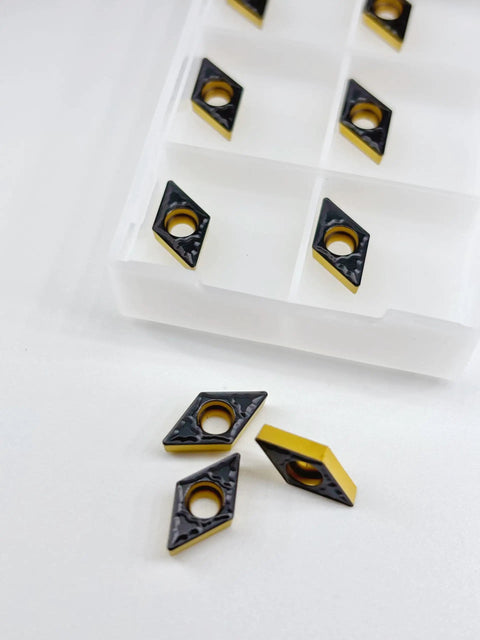 Carbide Inserts For Steel CNC Turning Semi Finish Set Of 10 DCMT21.51 With 1/4 In IC 0.094 In Thickness in a storage box