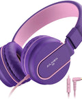 On Ear Kids Headphones With Microphone, Wired, 93dB Volume Limited, Foldable Lightweight Headphones For School Learning And Entertainment, Pink Purple; side view with cord