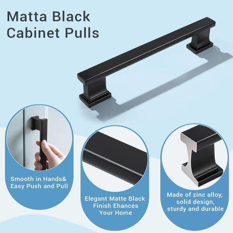 10 Pack Matte Black Solid Cabinet Pulls 5 Inch Center To Center 128mm Hole Centers, highlighting zinc alloy construction and easy installation