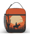 Desert Sunset Cowboy Silhouette Insulated Lunch Bag with cactus pattern, durable Oxford cloth, front view