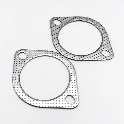 Two metal exhaust flange gaskets with 77mm inner diameter and two bolt holes